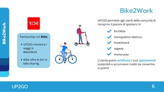Bike2Work
Bike2Work
UP2GO 6
UP2GO permette agli utenti della comunità di
riscoprire il piacere di spostarsi in:
bicicletta
monopattino elettrico
hoverboard
segway
monoruota
L'utente potrà certificare i suoi spostamenti
sostenibili e accumulare crediti da convertire
in premi!
UP2GO monitora i
viaggi in
Bike2Work
RiDe offre le bici in
bike sharing.
Partnership con RiDe:
 