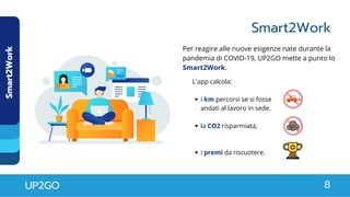i km percorsi se si fosse
andati al lavoro in sede,
la CO2 risparmiata,
i premi da riscuotere.
L'app calcola:
Smart2Work
Smart2Work
Per reagire alle nuove esigenze nate durante la
pandemia di COVID-19, UP2GO mette a punto lo
Smart2Work.
UP2GO 8
 