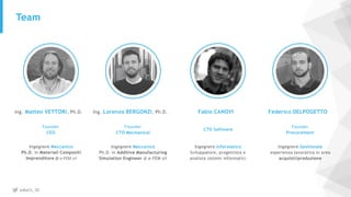 @MaCh_3D
Ing. Matteo VETTORI, Ph.D. Ing. Lorenzo BERGONZI, Ph.D. Federico DELPOGETTO
Team
Ingegnere Meccanico
Ph.D. in Materiali Compositi
Imprenditore @ e-FEM srl
Ingegnere Meccanico
Ph.D. in Additive Manufacturing
Simulation Engineer @ e-FEM srl
Fabio CANOVI
Ingegnere Informatico
Sviluppatore, progettista e
analista sistemi informatici
Founder
CEO
Founder
CTO Mechanical
Founder
Procurement
CTO Software
Ingegnere Gestionale
esperienza lavorativa in area
acquisti/produzione
 