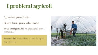 Agricoltori poco visibili
I problemi agricoli
Poca marginalità di guadagno per i
contadini.
Scomodità nel’andare a fare la spesa
dopo lavoro
Filiere locali poco valorizzate
 