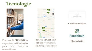 Tecnologie
Processo di PICKING in
magazzino ottimizzato
p e r u n f u t u r o
automatizzato
DARK STORE BIO
diffuso + Interfaccia
logistica per produttori
Blockchain
Credito welfare
 
