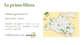 La prima filiera
TOTALE agricoltori: 48
Slow Food - OglioPo
Scuole alberghiere locali con cui
collaboriamo per testare i nostri
prodotti stagionali
Collaborazione con:
 