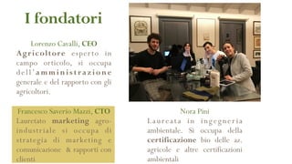 Lorenzo Cavalli, CEO
Agricoltore esperto in
campo orticolo, si occupa
dell’amministrazione
generale e del rapporto con gli
agricoltori.
I fondatori
Francesco Saverio Mazzi, CTO
Lauretato marketing agro-
industriale si occupa di
strategia di marketing e
comunicazione & rapporti con
clienti
Nora Pini
Laureata in ingegner ia
ambientale. Si occupa della
certificazione bio delle az.
agricole e altre certificazioni
ambientali
 