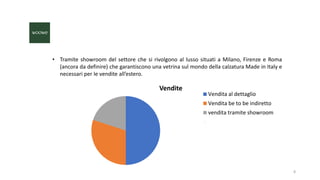 8
• Tramite showroom del settore che si rivolgono al lusso situati a Milano, Firenze e Roma
(ancora da definire) che garantiscono una vetrina sul mondo della calzatura Made in Italy e
necessari per le vendite all’estero.
Vendite
Vendita al dettaglio
Vendita be to be indiretto
vendita tramite showroom
 