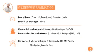 GIUSEPPE GRAMMATICO
Impreditore | Cooki srl, Foresite srl, Foresite USA llc
Innovation Manager | MISE
Master diritto alimentare | Università di Bologna (30/30)
Laureato in scienze di Internet | Università di Bologna (108/110)
Networker | Membro Reseau Entreprendre ER, BNI Pareto,
Mindsetter, Mondo food
 