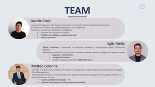 10
Laureato in Ingegneria informatica e laureando in Computer Science and Engineering presso
il Politecnico di Milano con specializzazione in ricerca operativa.
Esperienza nel software developer in progetti di:
➢ Gestione del trasporto ferroviario
➢ Intelligenza artificiale e machine learning.
➢ Ricerca operativa
Davide Croci
Senior Developer e laureando in economia aziendale e management presso l’Università
Bocconi.
Esperienza pluriennale (+5 anni) nello sviluppo software e gestione progetti nei seguenti ambiti:
➢ Logistica e distribuzione
➢ Trasporto ferroviario
➢ Vendite e gestione aziendale (CRM, ERP, SCM…)
Eglis Mella
Laureato in Ingegneria Gestionale e laureando in Management Engineering con specializzazione in Supply
Chain Management.
Esperienza pluriennale nel settore trasporti su strada ed esperienza nella gestione di progetti software in
ambito ferroviario, tra cui:
➢ Analisi scambio intermodale – TIS
➢ Sistema ottimizzazione turni persone e locomotive
Matteo Colonna
TEAM
 
