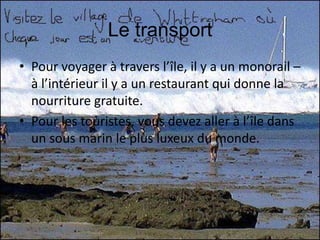 Le transportPour voyager à travers l’île, il y a un monorail – à l’intérieur il y a un restaurant qui donne la nourrituregratuite.Pour les touristes, vous devez aller à l’île dans un sous marin le plus luxeuxdu monde.