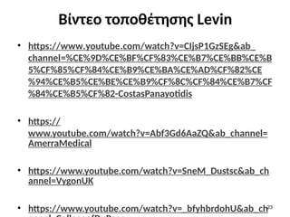 Βίντεο τοποθέτησης Levin
• https://www.youtube.com/watch?v=CIjsP1GzSEg&ab_
channel=%CE%9D%CE%BF%CF%83%CE%B7%CE%BB%CE%B
5%CF%85%CF%84%CE%B9%CE%BA%CE%AD%CF%82%CE
%94%CE%B5%CE%BE%CE%B9%CF%8C%CF%84%CE%B7%CF
%84%CE%B5%CF%82-CostasPanayotidis
• https://
www.youtube.com/watch?v=Abf3Gd6AaZQ&ab_channel=
AmerraMedical
• https://www.youtube.com/watch?v=SneM_Dustsc&ab_ch
annel=VygonUK
• https://www.youtube.com/watch?v=_bfyhbrdohU&ab_ch23
 