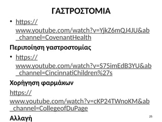ΓΑΣΤΡΟΣΤΟΜΙΑ
• https://
www.youtube.com/watch?v=YjkZ6mQJ4JU&ab
_channel=CovenantHealth
Περιποίηση γαστροστομίας
• https://
www.youtube.com/watch?v=S75imEdB3YU&ab
_channel=CincinnatiChildren%27s
Χορήγηση φαρμάκων
https://
www.youtube.com/watch?v=cKP24TWnoKM&ab
_channel=CollegeofDuPage
Αλλαγή 25
 
