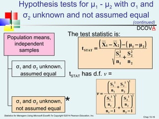 Hypothesis tests for μ1 - μ2 with σ1 and 
σ2 unknown and not assumed equal 
t = X - X - μ - 
μ 
1 2 1 2 
Chap 10-16 
Population means, 
independent 
samples 
(continued) 
* 
σ1 and σ2 unknown, 
assumed equal 
σ1 and σ2 unknown, 
not assumed equal 
The test statistic is: 
( ) ( ) 
22 
2 
2 
1 
1 
STAT 
S 
n 
S 
n 
+ 
tSTAT has d.f. ν = 
2 
2 
S 
ö 
2 
2 
n 
S 
ö 
æ 
+ 
n 1 
æ 
S 
2 
1 
n 
S 
2 
1 
ö 
æ 
n 1 
n 
n 
2 
2 
2 
1 
2 
1 
2 
2 
1 
- 
÷ ÷ø 
ç çè 
- 
÷ ÷ø 
ç çè 
÷ ÷ø 
ç çè 
+ 
n = 
DCOVA 
Statistics for Managers Using Microsoft Excel® 7e Copyright ©2014 Pearson Education, Inc. 
 