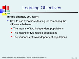 Chap 10-2 
Learning Objectives 
In this chapter, you learn: 
 How to use hypothesis testing for comparing the 
difference between 
 The means of two independent populations 
 The means of two related populations 
 The variances of two independent populations 
Statistics for Managers Using Microsoft Excel® 7e Copyright ©2014 Pearson Education, Inc. 
 