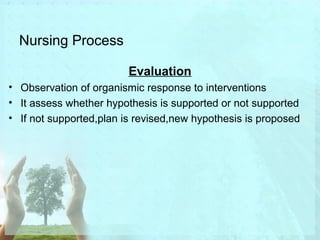 Nursing Process 
Evaluation 
• Observation of organismic response to interventions 
• It assess whether hypothesis is supported or not supported 
• If not supported,plan is revised,new hypothesis is proposed 
 