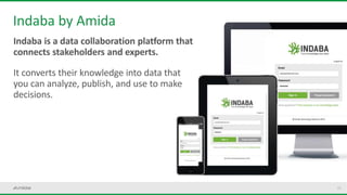 23
Indaba by Amida
Indaba is a data collaboration platform that
connects stakeholders and experts.
It converts their knowledge into data that
you can analyze, publish, and use to make
decisions.
 