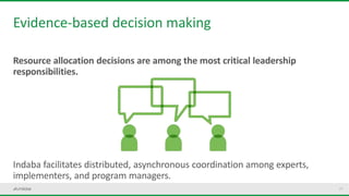 27
Evidence-based decision making
Resource allocation decisions are among the most critical leadership
responsibilities.
Indaba facilitates distributed, asynchronous coordination among experts,
implementers, and program managers.
 