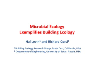 Microbial Ecology
    Exemplifies Building Ecology
          Hal Levin1 and Richard Corsi2
1Building Ecology Research Group, Santa Cruz, California, USA
2 Department of Engineering, University of Texas, Austin, USA
 