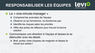 21
RESPONSABILISER LES ÉQUIPES
Le « one-minute-manager »
Comprend les avancées de l’équipe
Observe ce qui fonctionne, ne fonctionne pas
Identifie les risques selon les priorités
Offre des pistes de réflexion pour trouver la bonne
solution
Communiquez une direction à l’équipe et laissez-la se
débrouiller avec les détails
Bref, portez votre chapeau de magicien et laissez le
travail aux autres !
 