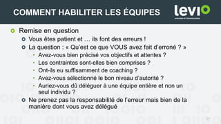 Remise en question
Vous êtes patient et … ils font des erreurs !
La question : « Qu’est ce que VOUS avez fait d’erroné ? »
• Avez-vous bien précisé vos objectifs et attentes ?
• Les contraintes sont-elles bien comprises ?
• Ont-ils eu suffisamment de coaching ?
• Avez-vous sélectionné le bon niveau d’autorité ?
• Auriez-vous dû déléguer à une équipe entière et non un
seul individu ?
Ne prenez pas la responsabilité de l’erreur mais bien de la
manière dont vous avez délégué
27
COMMENT HABILITER LES ÉQUIPES
 