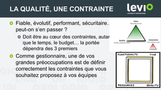 Fiable, évolutif, performant, sécuritaire…
peut-on s’en passer ?
Doit être au cœur des contraintes, autant
que le temps, le budget… la portée
dépendra des 3 premiers
Comme gestionnaire, une de vos
grandes préoccupations est de définir
correctement les contraintes que vous
souhaitez proposez à vos équipes
34
LA QUALITÉ, UNE CONTRAINTE
 