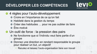 38
DÉVELOPPER LES COMPÉTENCES
4 règles pour l’auto-développement
Croire en l’importance de ce qu’on fait
Habileté dans la gestion du temps
Créer des habitudes … pour ne pas oublier de faire
Être motivé
Un outil de force : la pression des pairs
Ne fonctionne que si l’individu veut faire partie d’un
groupe
Donnez une direction en rendant responsable le groupe
pour réaliser un but, un objectif
• Reculez et laissez l’auto-organisation faire son travail
 