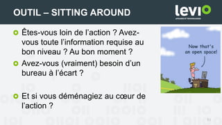 Êtes-vous loin de l’action ? Avez-
vous toute l’information requise au
bon niveau ? Au bon moment ?
Avez-vous (vraiment) besoin d’un
bureau à l’écart ?
Et si vous déménagiez au cœur de
l’action ?
51
OUTIL – SITTING AROUND
 