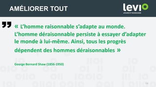 54
AMÉLIORER TOUT
« L’homme raisonnable s’adapte au monde.
L’homme déraisonnable persiste à essayer d’adapter
le monde à lui-même. Ainsi, tous les progrès
dépendent des hommes déraisonnables »
George Bernard Shaw (1856-1950)
 