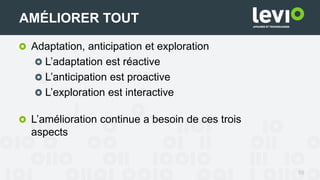 55
AMÉLIORER TOUT
Adaptation, anticipation et exploration
L’adaptation est réactive
L’anticipation est proactive
L’exploration est interactive
L’amélioration continue a besoin de ces trois
aspects
 