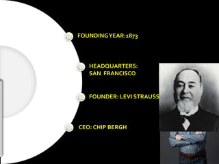 FOUNDINGYEAR:1873
HEADQUARTERS:
SAN FRANCISCO
FOUNDER: LEVI STRAUSS
CEO: CHIP BERGH
 