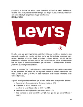 89
En cuanto la horma los jeans Levi´s ofrecerían adoptar el nuevo sistema de
“levanta cola” para proporcionar en la mujer una mejor silueta para que pueda lucir
con comodidad y le proporcione mayor satisfacción.
MANDATORIO
El color tiene una gran importancia según la revista new york times los colores son
realmente creados en nuestro cerebro como una herramienta perceptual para
facilitar nuestras funciones visual- cognitiva y visual- afectiva, es así que los
colores son más que procesos físicos, son utilizados como fuente de información
que nos ayuda a decodificar el mundo que nos rodea. Y en ese mundo están los
productos que compramos cada día.
Según el “Institute For Color Research” los consumidores se forman una opinión
de los productos en menos de 90 segundos desde su primera interacción con
ellos, y entre el 62% y el 90% de esa evaluación está basada solamente en el
color del producto.
Algunas investigaciones muestran que el color puede tener los siguientes efectos:
 Incrementar el reconocimiento de marca hasta un 80%
 Aumentar la lectura hasta un 40%
 Acelerar el aprendizaje entre un 55% y un 78%
 Incrementar la comprensión de la marca en un 73%
 Los anuncios en color son leídos un 42% más que los que son en blanco y
negro
 