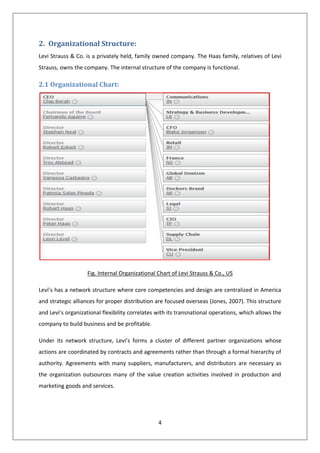 2. Organizational Structure:
Levi Strauss & Co. is a privately held, family owned company. The Haas family, relatives of Levi
Strauss, owns the company. The internal structure of the company is functional.

2.1 Organizational Chart:




                    Fig. Internal Organizational Chart of Levi Strauss & Co., US

Levi’s has a network structure where core competencies and design are centralized in America
and strategic alliances for proper distribution are focused overseas (Jones, 2007). This structure
and Levi’s organizational flexibility correlates with its transnational operations, which allows the
company to build business and be profitable.

Under its network structure, Levi’s forms a cluster of different partner organizations whose
actions are coordinated by contracts and agreements rather than through a formal hierarchy of
authority. Agreements with many suppliers, manufacturers, and distributors are necessary as
the organization outsources many of the value creation activities involved in production and
marketing goods and services.




                                                 4
 