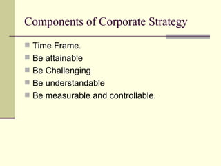 Components of Corporate Strategy  <ul><li>Time Frame. </li></ul><ul><li>Be attainable  </li></ul><ul><li>Be Challenging </...