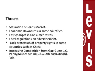 ThreatsSaturation of Jeans Market.Economic Downturns in some countries.Fast changes in Consumer tastes.Local regulations on advertisement. Lack protection of property rights in some      countries such as China.Increasing Competition from Gap,Guess,J.C. Penny,Nike,Mochino,D&G,Osh Kosh,Oxford,    Polo.