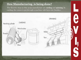 How Manufacturing is being done?
The first two steps in blue jeans manufacture are carding and spinning. In
carding, the cotton is put through a machine with bent wire brushes.
 
