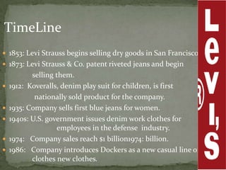 TimeLine
 1853: Levi Strauss begins selling dry goods in San Francisco
 1873: Levi Strauss & Co. patent riveted jeans and begin
           selling them.
   1912: Koveralls, denim play suit for children, is first
            nationally sold product for the company.
   1935: Company sells first blue jeans for women.
   1940s: U.S. government issues denim work clothes for
                    employees in the defense industry.
   1974: Company sales reach $1 billion1974: billion.
   1986: Company introduces Dockers as a new casual line of
           clothes new clothes.
 