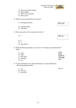 Customer Satisfaction
                                                  Of Levis Jeans
       a)   Once every three months
       b)   Occasionally
       c)   Once every 6 months
       d)   Once a year

2) When do you generally buy Levis jeans?

       a) During promotions                                               Gen_buy

       b) Seasonal offers
       c) Not fixed

3) How many pairs of Levis jeans do you have?

       a) 1                                                               Pair_no

       b) 2
       c) 3
       d) more than 3

4) Rank the following brands on a scale of 1-5 (5 being most preferred and 1
   least)

       a)   Levis                                                         Levis
       b)   Pepe                                                          Pepe
       c)   New Port                                                      NewPort
       d)   Wrangler                                                      Wrangler
       e)   Lee                                                           Lee

5) Is your satisfaction level, after purchasing Levis jeans affected by
    advertising and promotion?

       a) Yes                                                             Sat_lev
       b) Cant say
       c) Not at all.




                                       29
 