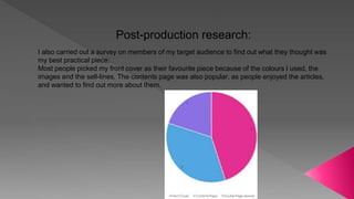 Post-production research:
I also carried out a survey on members of my target audience to find out what they thought was
my best practical piece:
Most people picked my front cover as their favourite piece because of the colours I used, the
images and the sell-lines. The contents page was also popular, as people enjoyed the articles,
and wanted to find out more about them.
 