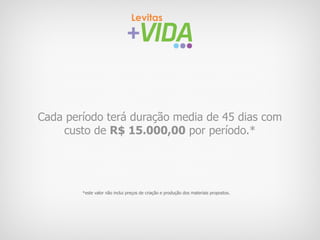 Cada período terá duração media de 45 dias com
    custo de R$ 15.000,00 por período.*




        *este valor não inclui preços de criação e produção dos materiais propostos.
 