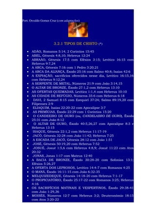 9
Port. Osvaldo Gomes Cruz (com adaptações)

3.2.1 TIPOS DE CRISTO (*)
•
•
•
•
•
•
•
•
•
•
•
•
•
•
•
•
•
•
•
•
•
•
•
•
•
•
•
•

ADÃO, Romanos 5:14; 2 Coríntios 15:45
ABEL, Gênesis 4:8,10; Hebreus 12:24
ABRAÃO, Gênesis 17:5 com Efésios 3:15; Levítico 16:15 com
Hebreus 9:7,24
A ARCA, Gênesis 7:16 com 1 Pedro 3:20,21
A ARCA DA ALIANÇA, Êxodo 25:16 com Salmo 40:8; Isaías 42:6
A EXPIAÇÃO, sacrifícios oferecidos nesse dia, Levítico 16:15,16
com Hebreus 9:12,24
A SERPENTE DE METAL, Números 21:9 com João 3:14,15
O ALTAR DE BRONZE, Êxodo 27:1,2 com Hebreus 13:10
AS OFERTAS QUEIMADAS, Levítico 1:1,4 com Hebreus 10:10
AS CIDADE DE REFÚGIO, Números 35:6 com Hebreus 6:18
DAVI, 2 Samuel 8:15 com Ezequiel 37:24; Salmo 89:19,20 com
Filipenses 2:9
ELIAQUIM, Isaías 22:20-22 com Apocalipse 3:7
AS PRIMÍCIAS, Êxodo 22:29 com 1 Coríntios 15:20
O CANDEEIRO DE OURO (ou, CANDELABRO DE OURO), Êxodo
25:31 com João 8:12
O ALTAR DE OURO, Êxodo 40:5,26,27 com Apocalipse 8:3 e
Hebreus 13:15
ISAQUE, Gênesis 22:1,2 com Hebreus 11:17-19
JACÓ, Gênesis 32:28 com João 11:42; Hebreus 7:25
A ESCADA DE JACÓ, Gênesis 28:12 com João 1:51
JOSÉ, Gênesis 50:19,20 com Hebreus 7:52
JOSUÉ, Josué 1:5,6 com Hebreus 4:8,9; Josué 11:23 com Atos
20:32
JONAS, Jonas 1:17 com Mateus 12:40
A BACIA DE BRONZE, Êxodo 30:28-20 com Sofonias 13:1;
Efésios 5:26,27
A OFERTA DOS LEPROSOS, Levítico 14:4-7 com Romanos 4:25
O MANÁ, Êxodo 16:11-15 com João 6:32-35
MELQUIZEDEQUE, Gênesis 14:18-20 com Hebreus 7:1-17
O PROPICIATÓRIO, Êxodo 25:17-22 com Romanos 3:25; Hebreus
4:16
OS SACRIFÍCIOS MATINAIS E VESPERTINOS, Êxodo 29:38-41
com João 1:29,36
MOISÉS, Números 12:7 com Hebreus 3:2; Deuteronômio 18:15
com Atos 3:20-22

 