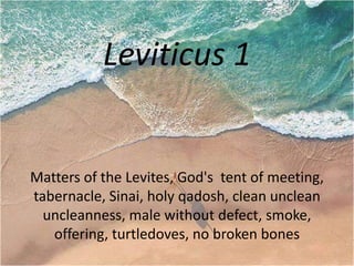 Leviticus 1
Matters of the Levites, God's tent of meeting,
tabernacle, Sinai, holy qadosh, clean unclean
uncleanness, male without defect, smoke,
offering, turtledoves, no broken bones
 