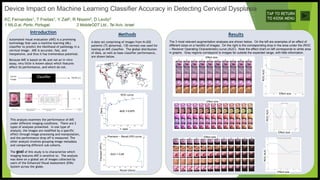 Automated visual evaluation (AVE) is a promising
technology that uses a machine learning (ML)
classifier to predict the likelihood of pathology in a
cervical image. AVE is accurate, fast, and
inexpensive, and thus it has tremendous potential.
Because AVE is based on ML and not an in vitro
assay, very little is known about which features
affect its performance, and which do not.
Introduction Methods Results
Device Impact on Machine Learning Classifier Accuracy in Detecting Cervical Dysplasia
TAP TO RETURN
TO KIOSK MENU
This analysis examines the performance of AVE
under different imaging conditions. There are 2
types of analyses presented. In one type of
analysis, the images are modified by a specific
effect through image processing and manipulation,
and the performance drop off is measured. The
other analysis involves grouping image metadata
and comparing different sub-cohorts.
The goal of this study is to characterize which
imaging features AVE is sensitive to. The analysis
was done on a global set of images collected by
users of the Enhanced Visual Assessment (EVA)
System across the globe.
KC Fernandes1, T Freitas1, Y Zall2, R Nissim2, D Levitz2
1 NILG.ai, Porto, Portugal; 2 MobileODT Ltd., Tel Aviv, Israel
AUC = 0.87
AUC = 0.85
AUC = 0.875
1- spec
Recall (Sens)
SensPrecision(PPV)
A data set comprising of images from N=202
patients (72 abnormal, 130 normal) was used for
testing an AVE classifier. The global distribution
of data, as well as base classifier performance,
are shown below.
ROC curve
Precision – Recall (PR) curve
ROCAUC
ROCAUC
ROCAUC
Effect size
Effect size
Effect size
Effect size
Effect size
Effect size
The 3 most relevant augmentation analyses are shown below. On the left are examples of an effect of
different sizes on a handful of images. On the right is the corresponding drop in the area under the (ROC
– Receiver Operating Characteristic) curve (AUC). Note the effect chart on left corresponds to white area
in graphs. Gray regions correspond to images far outside the expected range, with little information.
 