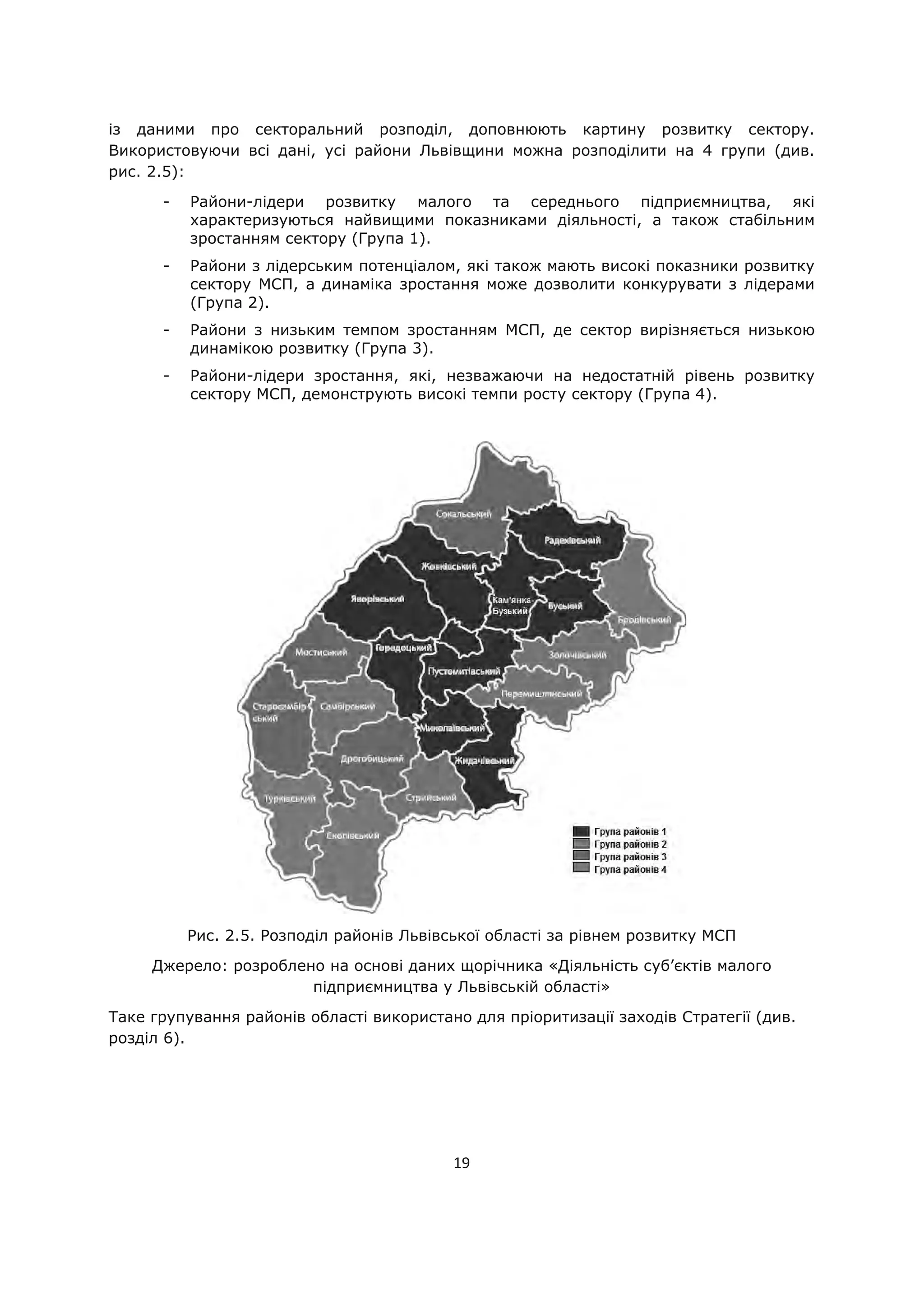 19
із даними про секторальний розподіл, доповнюють картину розвитку сектору.
Використовуючи всі дані, усі райони Львівщини можна розподілити на 4 групи (див.
рис. 2.5):
- Райони-лідери розвитку малого та середнього підприємництва, які
характеризуються найвищими показниками діяльності, а також стабільним
зростанням сектору (Група 1).
- Райони з лідерським потенціалом, які також мають високі показники розвитку
сектору МСП, а динаміка зростання може дозволити конкурувати з лідерами
(Група 2).
- Райони з низьким темпом зростанням МСП, де сектор вирізняється низькою
динамікою розвитку (Група 3).
- Райони-лідери зростання, які, незважаючи на недостатній рівень розвитку
сектору МСП, демонструють високі темпи росту сектору (Група 4).
Рис. 2.5. Розподіл районів Львівської області за рівнем розвитку МСП
Джерело: розроблено на основі даних щорічника «Діяльність суб’єктів малого
підприємництва у Львівській області»
Таке групування районів області використано для пріоритизації заходів Стратегії (див.
розділ 6).
 