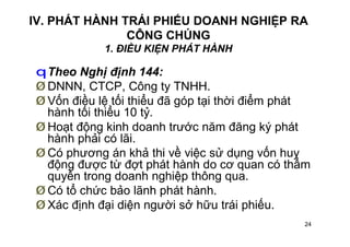 24
IV. PHÁT HÀNH TRÁI PHIẾU DOANH NGHIỆP RA
CÔNG CHÚNG
1. ĐIỀU KIỆN PHÁT HÀNH
qTheo Nghị định 144:
Ø DNNN, CTCP, Công ty TNHH.
Ø Vốn điều lệ tối thiểu đã góp tại thời điểm phát
hành tối thiểu 10 tỷ.
Ø Hoạt động kinh doanh trước năm đăng ký phát
hành phải có lãi.
Ø Có phương án khả thi về việc sử dụng vốn huy
động được từ đợt phát hành do cơ quan có thẩm
quyền trong doanh nghiệp thông qua.
Ø Có tổ chức bảo lãnh phát hành.
Ø Xác định đại diện người sở hữu trái phiếu.
 