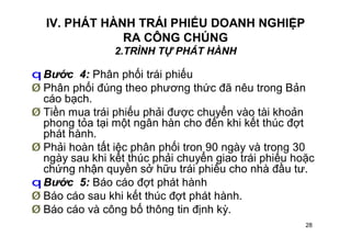 28
IV. PHÁT HÀNH TRÁI PHIẾU DOANH NGHIỆP
RA CÔNG CHÚNG
2.TRÌNH TỰ PHÁT HÀNH
q Bước 4: Phân phối trái phiếu
Ø Phân phối đúng theo phương thức đã nêu trong Bản
cáo bạch.
Ø Tiền mua trái phiếu phải được chuyển vào tài khoản
phong tỏa tại một ngân hàn cho đến khi kết thúc đợt
phát hành.
Ø Phải hoàn tất iệc phân phối tron 90 ngày và trong 30
ngày sau khi kết thúc phải chuyển giao trái phiếu hoặc
chứng nhận quyền sở hữu trái phiếu cho nhà đầu tư.
q Bước 5: Báo cáo đợt phát hành
Ø Báo cáo sau khi kết thúc đợt phát hành.
Ø Báo cáo và công bố thông tin định kỳ.
 