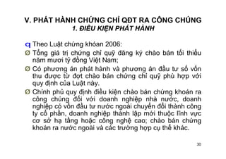 30
V. PHÁT HÀNH CHỨNG CHỈ QĐT RA CÔNG CHÚNG
1. ĐIỀU KIỆN PHÁT HÀNH
q Theo Luật chứng khóan 2006:
Ø Tổng giá trị chứng chỉ quỹ đăng ký chào bán tối thiểu
năm mươi tỷ đồng Việt Nam;
Ø Có phương án phát hành và phương án đầu tư số vốn
thu được từ đợt chào bán chứng chỉ quỹ phù hợp với
quy định của Luật này.
Ø Chính phủ quy định điều kiện chào bán chứng khoán ra
công chúng đối với doanh nghiệp nhà nước, doanh
nghiệp có vốn đầu tư nước ngoài chuyển đổi thành công
ty cổ phần, doanh nghiệp thành lập mới thuộc lĩnh vực
cơ sở hạ tầng hoặc công nghệ cao; chào bán chứng
khoán ra nước ngoài và các trường hợp cụ thể khác.
 