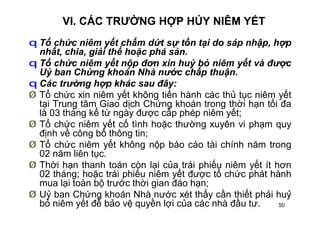 50
VI. CÁC TRƯỜNG HỢP HỦY NIÊM YẾT
q Tổ chức niêm yết chấm dứt sự tồn tại do sáp nhập, hợp
nhất, chia, giải thể hoặc phá sản.
q Tổ chức niêm yết nộp đơn xin huỷ bỏ niêm yết và được
Uỷ ban Chứng khoán Nhà nước chấp thuận.
q Các trường hợp khác sau đây:
Ø Tổ chức xin niêm yết không tiến hành các thủ tục niêm yết
tại Trung tâm Giao dịch Chứng khoán trong thời hạn tối đa
là 03 tháng kể từ ngày được cấp phép niêm yết;
Ø Tổ chức niêm yết cố tình hoặc thường xuyên vi phạm quy
định về công bố thông tin;
Ø Tổ chức niêm yết không nộp báo cáo tài chính năm trong
02 năm liên tục.
Ø Thời hạn thanh toán còn lại của trái phiếu niêm yết ít hơn
02 tháng; hoặc trái phiếu niêm yết được tổ chức phát hành
mua lại toàn bộ trước thời gian đáo hạn;
Ø Uỷ ban Chứng khoán Nhà nước xét thấy cần thiết phải huỷ
bỏ niêm yết để bảo vệ quyền lợi của các nhà đầu tư.
 