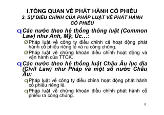 8
I.TỔNG QUAN VỀ PHÁT HÀNH CỔ PHIẾU
3. SỰ ĐIỀU CHỈNH CỦA PHÁP LUẬT VỀ PHÁT HÀNH
CỔ PHIẾU
qCác nước theo hệ thống thông luật (Common
Law) như Anh, Mỹ, Úc…:
ØPháp luật về công ty điều chỉnh cả hoạt động phát
hành cổ phiếu riêng lẻ và ra công chúng.
ØPháp luật về chứng khoán điều chỉnh hoạt động và
vận hành của TTCK.
qCác nước theo hệ thống luật Châu Âu lục địa
(Civil Law) như Pháp và một số nước Châu
Âu:
qPháp luật về công ty điều chỉnh hoạt động phát hành
cổ phiếu riêng lẻ.
qPháp luật về chứng khoán điều chỉnh phát hành cổ
phiếu ra công chúng.
 
