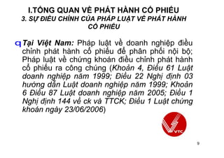 9
I.TỔNG QUAN VỀ PHÁT HÀNH CỔ PHIẾU
3. SỰ ĐIỀU CHỈNH CỦA PHÁP LUẬT VỀ PHÁT HÀNH
CỔ PHIẾU
qTại Việt Nam: Pháp luật về doanh nghiệp điều
chỉnh phát hành cổ phiếu để phân phối nội bộ;
Pháp luật về chứng khoán điều chỉnh phát hành
cổ phiếu ra công chúng (Khoản 4, Điều 61 Luật
doanh nghiệp năm 1999; Điều 22 Nghị định 03
hướng dẫn Luật doanh nghiệp năm 1999; Khoản
6 Điều 87 Luật doanh nghiệp năm 2005; Điều 1
Nghị định 144 về ck và TTCK; Điều 1 Luật chứng
khoán ngày 23/06/2006)
 