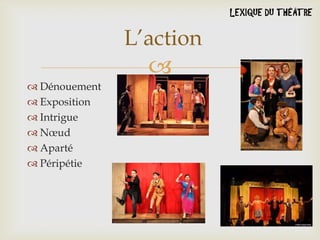 L’action


 Dénouement
 Exposition
 Intrigue
 Nœud
 Aparté
 Péripétie

 