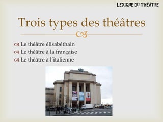 Trois types des théâtres

 Le théâtre élisabéthain
 Le théâtre à la française
 Le théâtre à l’italienne

 