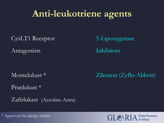 Anti-leukotriene agents
CysLT1 Receptor
Antagonists
Montelukast *
Pranlukast *
Zafirlukast (Accolate-Astra)
5-Lipoxygenase
Inhibitors
Zileuton (Zyflo-Abbott)
* Approved for allergic rhinitis
 