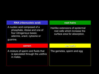 RNA (ribonucleic acid)                        root hairs
A nucleic acid composed of a           Hairlike extensions of epidermal
   phosphate, ribose and one of           root cells which increase the
   four nitrogenous bases;                surface area for absorption.
   adenine, uracil, cytosine or
guanine.

              semen                                 sex cells

A mixture of sperm and fluids that     The gametes, sperm and egg
   is ejaculated through the urethra
   in males.
 